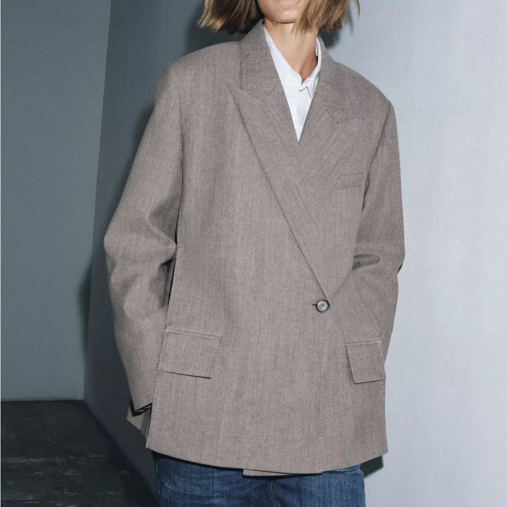 Zara NWT ZW Collection wool Taupe Oversized Double-Breasted Blazer 8536/700